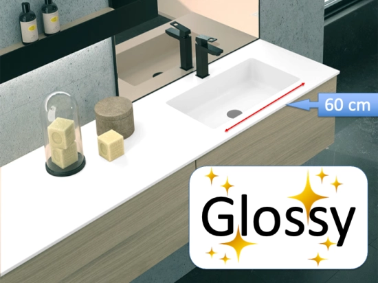 Plan vasque lavabo, sur mesure, Largeur 81 à 200 cm x Profondeur 40 à 80 cm, résine composite de haute qualité, Finition lisse blanc BRILLANT laqué ou mate, Livraison Offerte.